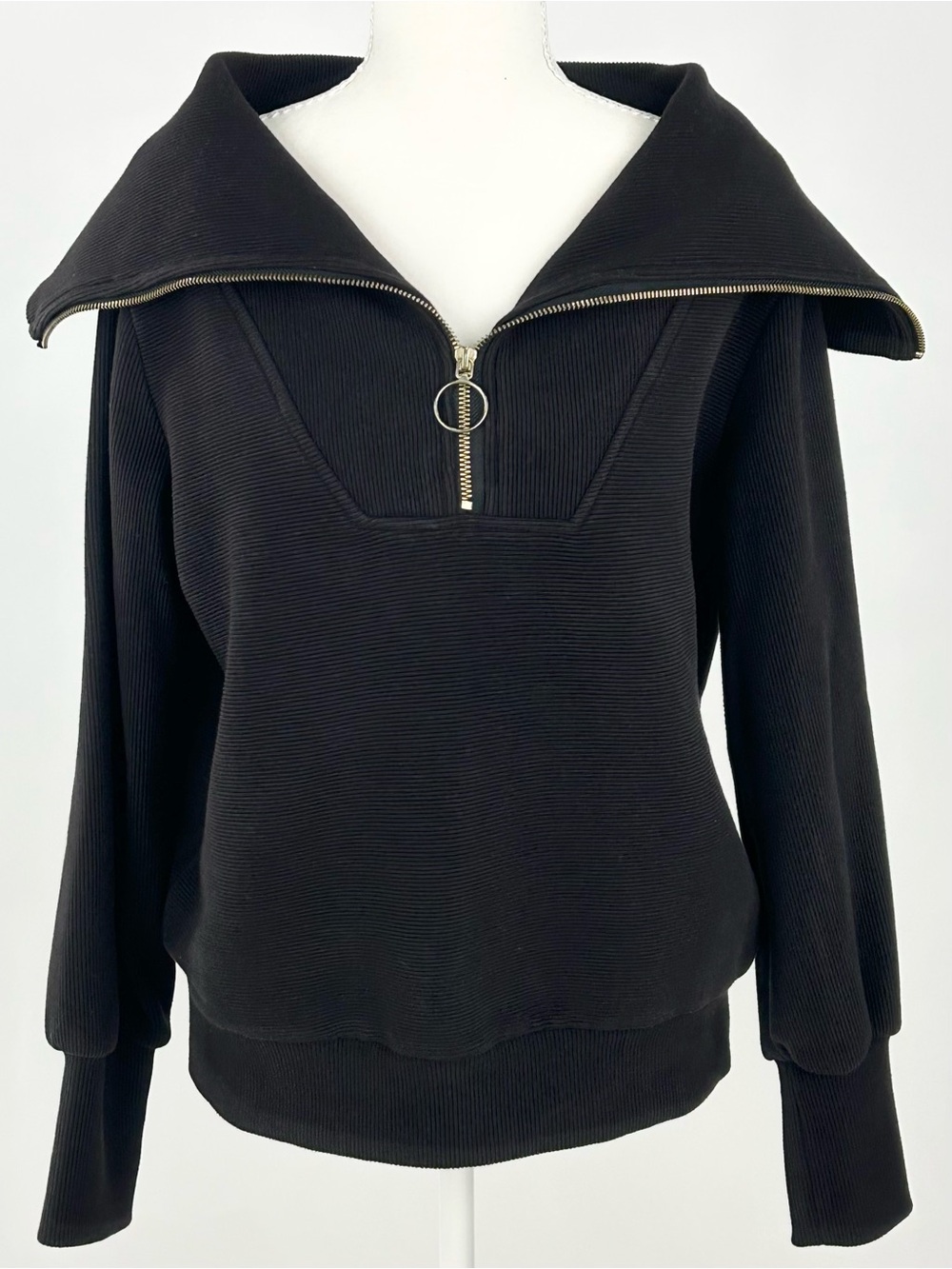 Truth by Republic Black Ribbed Quarter Zip Wide Collar Sweatshirt S